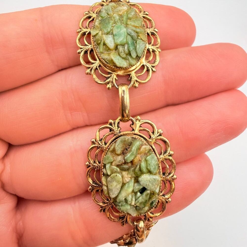 Vtg Oval Jade Chip Cluster Confetti Panel Link Bracelet Gold Tone Filigree 7" - Picture 5 of 10